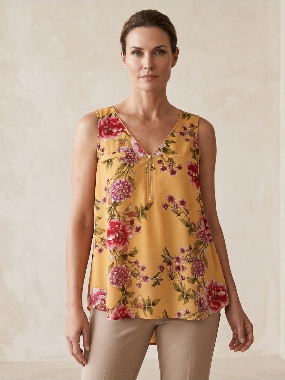 Candie's Sleeveless Mustard Floral Front Zip Tunic